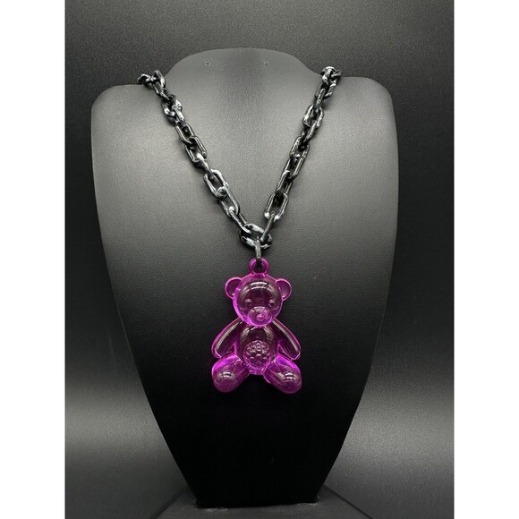 Acrylic Cable Link Chain Fuchsia Pink Bear Pendant Necklace   18” Long Black - Picture 3 of 9